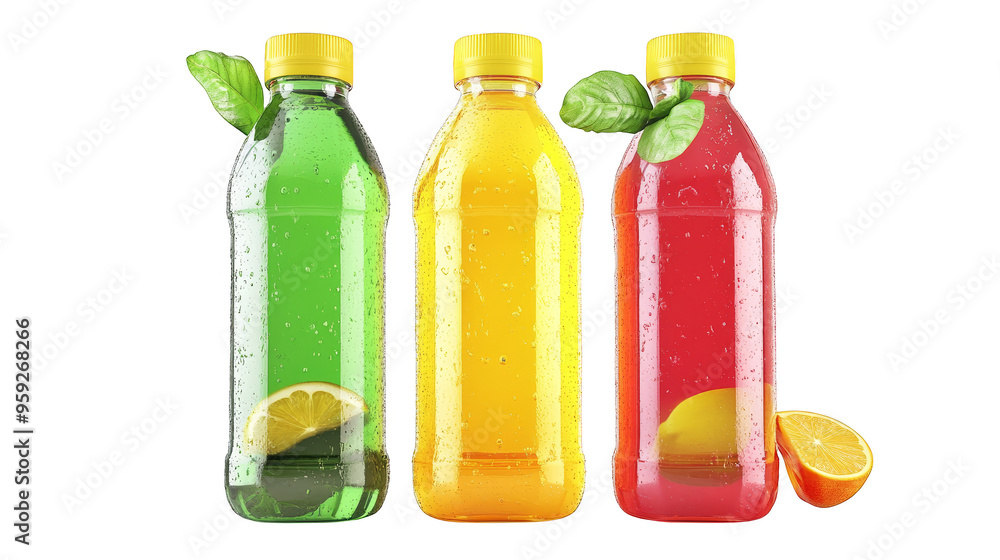 Poster three colorful bottles of refreshing juice with lemon slices