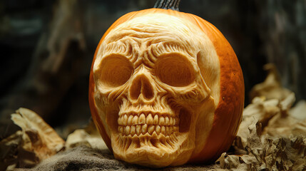 Pumpkin carving featuring a spooky, grinning skull.