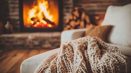Cozy living room with fireplace and blanket