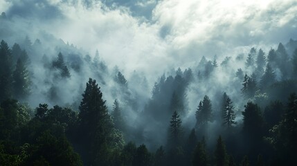 redwood trees with clouds