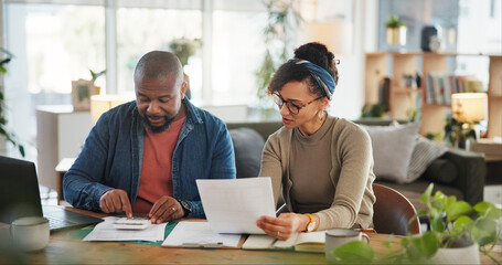 Financial paperwork, counting or African couple with planning or household budget in home. Bills,...