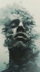 A man's face is obscured by a swirling cloud of black ink, symbolizing the power of thoughts and emotions.
