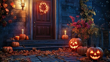 Obraz premium Stairs decorated with pumpkin from the front door for Halloween