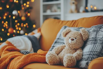 Teddy bear on cozy orange blanket in festive living room