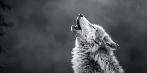 Wolf howling upwards in a close up black and white photograph depicting sadness and yearning © AkuAku