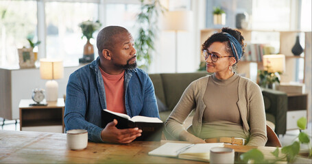 Couple, people and home with smile or bubble for religion or spiritual guidance, belief and...