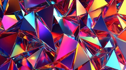 Reflective prismatic triangles in a chaotic arrangement, abstract background, vibrant hues