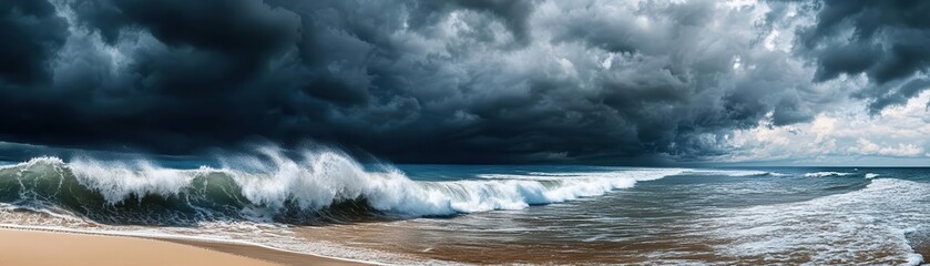 waves crashing on the sandy beach under storm clouds flat design, front view, dark skies, animation, Triadic Color Scheme