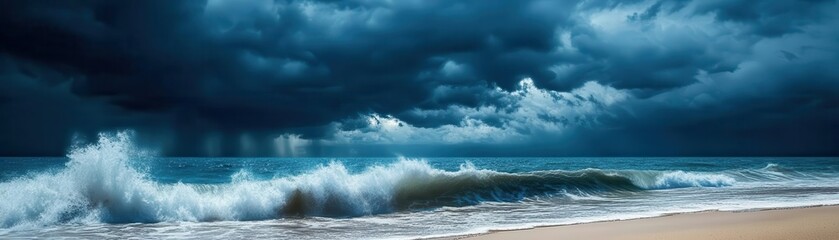 Fototapeta premium waves crashing on the sandy beach under storm clouds flat design, front view, dark skies, animation, Triadic Color Scheme