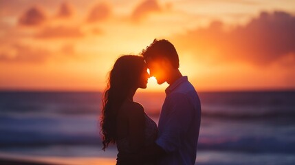 A warm and intimate image of a silhouetted couple sharing a quiet moment against a stunning sunset on a tranquil beach, evoking romance and peacefulness.