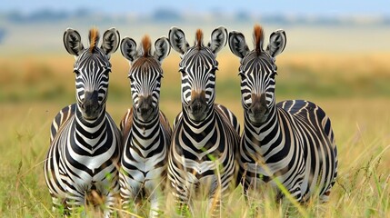 Fototapeta premium Four zebras standing close to each other,