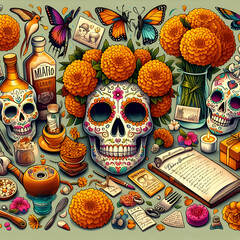 Fototapeta premium Day of the Dead Illustration with Marigold Flowers, Sugar Skulls and Personal Mementos