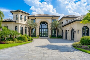 Discover a beautiful, modern home in vibrant Miami, featuring a chic brick driveway, colorful landscaping, lush palm trees, and an elegant garage door that enhances its charm and appeal