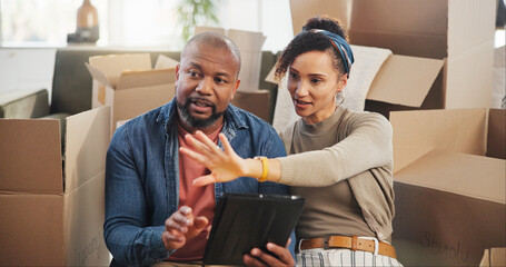 Moving, tablet and idea with couple in new house for home renovation, digital layout or mortgage. Happy, Interior design, property investment and boxes with man and woman for real estate purchase