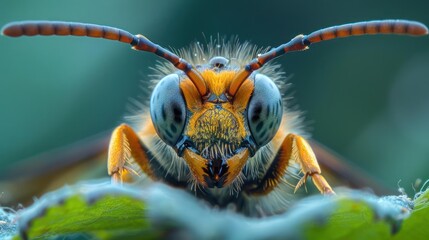 Fototapeta premium A close-up portrait of a bee with its face in focus, showing details like the antenna and stinger.