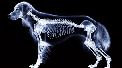 Fototapeta premium A detailed X-ray image of a dog that reveals its complete skeletal structure, showcasing the bones and joints in a clear, scientific visualization for educational or veterinary purposes.