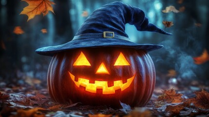 Naklejka premium A glowing Jack-o'-lantern carved with a classic smiling face, wearing a witch hat, placed among fallen leaves in a misty forest, representing Halloween in an autumnal setting.