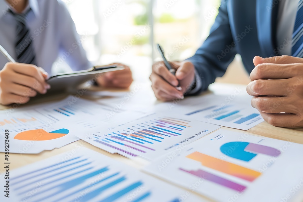 Poster business professionals analyzing data with charts and graphs