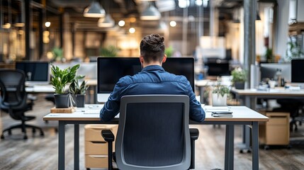 Focused Business Executive at Modern Desk, Immersed in Computer Work, Open Space for Creative Design Elements