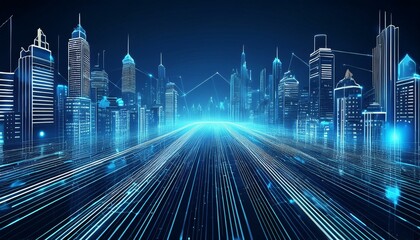 Tech buildings cityscape on dark blue background