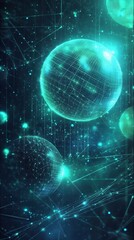Geometric abstract art features luminous spheres interconnected with glowing lines in a dark, digital environment