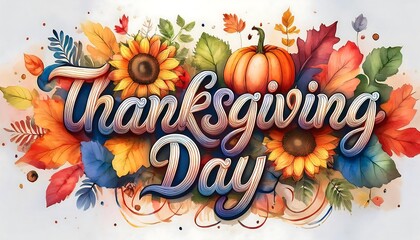Thanksgiving Day calligraphy poster with Modern, decorative lettering - Thanksgiving Day in watercolor effect with sunflowers. autumn fall leaves. Graphic artwork illustration