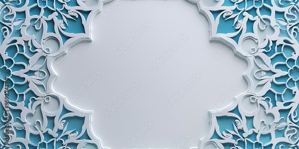 Poster beautiful azure arabic symmetrical pattern with floral pattern and empty space for text on white bac