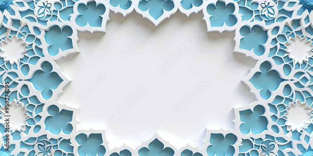 Poster beautiful azure arabic symmetrical pattern with floral pattern and empty space for text on white bac