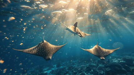 Fototapeta premium An octopus, a pufferfish and two sea stingrays in the ocean on a sunny day.