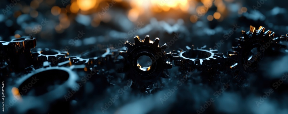 Poster close-up view of intricate gears showcasing texture and detail, highlighted by warm light in the bac