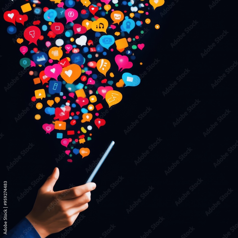 Poster creative concept of social media interaction with colorful icons emanating from a smartphone, symbol