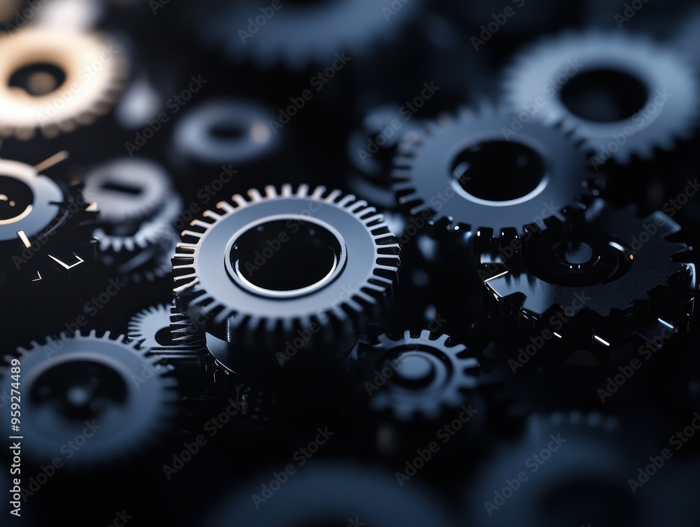 Poster close-up view of interlocking black gears showcasing intricate mechanics and engineering design. per