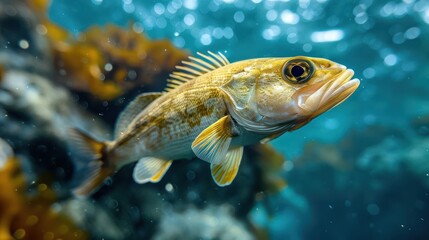 Fototapeta premium A colorful fish, possibly a clownfish, swims close to an underwater scuba diver.