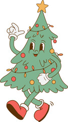 Funny retro Christmas tree character. Vintage Xmas mascot. Vector illustration