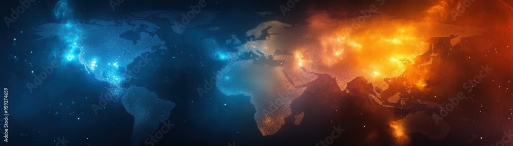 Poster a vivid representation of the world showcasing contrasting color schemes of blue and orange, symboli