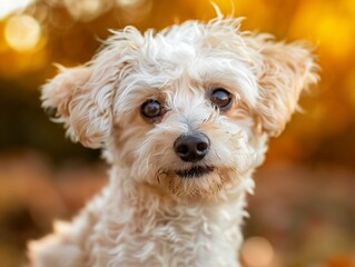 A small white dog with brown eyes looks directly at the camera with a soft, fluffy coat.