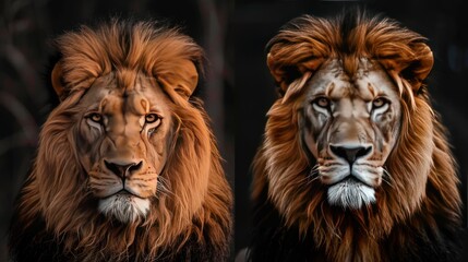 A black and white photograph of two majestic lion faces,