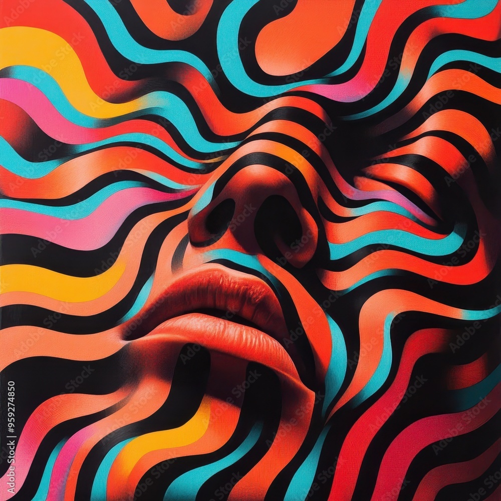 Poster a vibrant abstract artwork featuring a face, entangled with colorful swirling patterns, creating a s