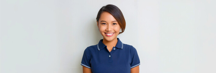 A Southeast Asian female staff member wearing a navy blue polo shirt