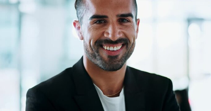 Smile, corporate and confident with business woman in office for internal auditor, financial organization and consultant. About us, asset management and portrait of male person in actuary firm