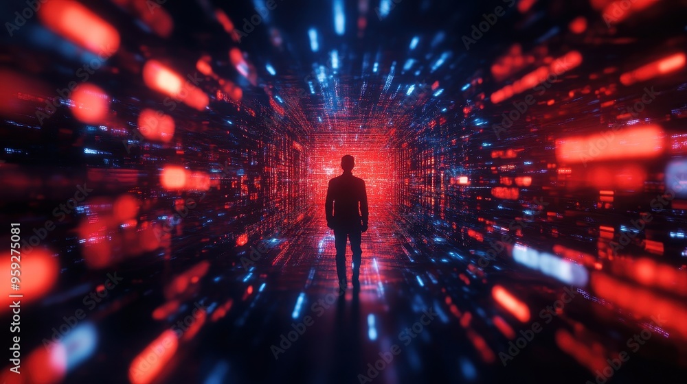 Poster a silhouette of a person stands in a vibrant, futuristic environment filled with glowing digital lig