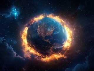 Fototapeta premium A stunning depiction of Earth encircled by fiery flames against a starry backdrop, symbolizing transformation and cosmic energy.