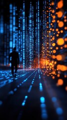 Fototapeta premium A solitary figure walks through a vibrant digital landscape of glowing lights and data streams, evoking a sense of exploration.