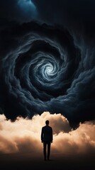 Obraz premium A silhouetted figure stands before a swirling spiral of dark clouds, symbolizing mystery and contemplation in a surreal landscape.