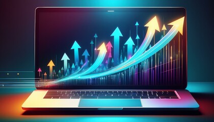 Fototapeta premium Abstract high speed growth up arrows on a laptop screen. Fast internet concept