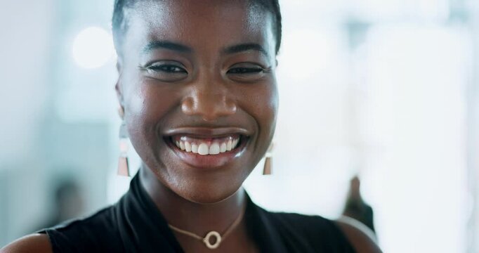 Smile, face and professional with business black woman in office for internal auditor, financial organization and consultant. About us, asset management and portrait of person in actuary firm
