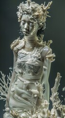 A white porcelain sculpture of a woman adorned with intricate details of nature,  including branches, flowers, and sea life.