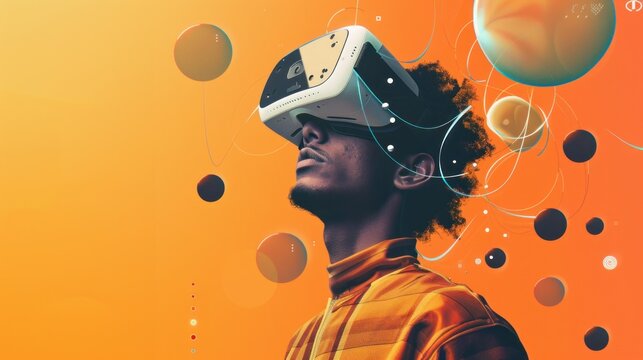 Man wearing smart VR headset with futuristic technology in abstract shape. AI generated images