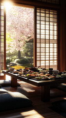 Heian Period Dining Table in Traditional Japanese Wooden Room