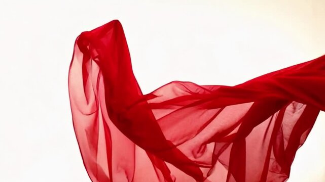 Uma cena cativante de um tecido vermelho transl&uacute;cido, elegantemente ondulando ao vento, fica sozinho contra um cen&aacute;rio branco imaculado.